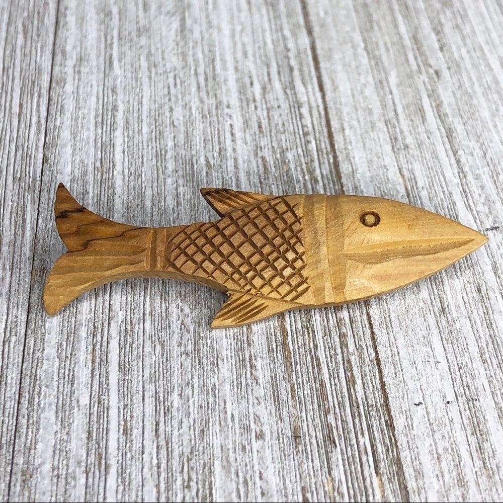 Hand Carved Fish Vintage Wooden Pin Brooch